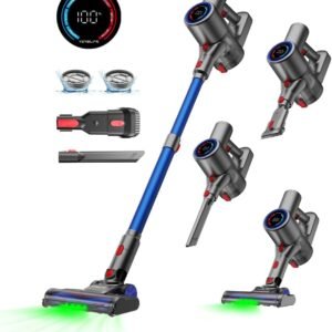 VersLife Z8 Aspirateur Balai sans Fil, 40Kpa/45Min/500W/6 en 1 Aspirateur Balai Léger avec LED Verte, Écran LED, Autoportant pour Poils d'animaux, sols Durs et Moquettes (Bleu foncé)