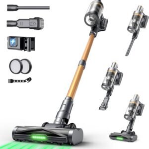 Aspirateur Balai sans Fil 650W/65000Pa/70min, Aspirateur sans Fil Puissant avec Rechargeable Support Mural, Brosse Anti-emmêlement, OLED Écran Tactile, pour Tapis, Sols Durs, Poils d'animaux