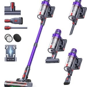 SMOTURE 600W 50KPa Aspirateur Balai sans Fil, 65 Mins Aspirateur sans Fil Puissant avec Brosse Matelas, Charge Murale et Écran LED, Auto Aspirateur Balai pour Poils d’Animaux/Sols Durs/Tapis/Voiture