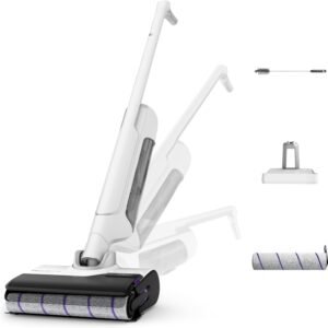 Rowenta X-Clean 10, Aspirateur Laveur sans fil, Design Plat 180°, Auto-Nettoyage et séchage 65°C, Autonomie 60min, Parfait pour Tâches Tenaces et Poils d’Animaux GZ7540WO, Blanc