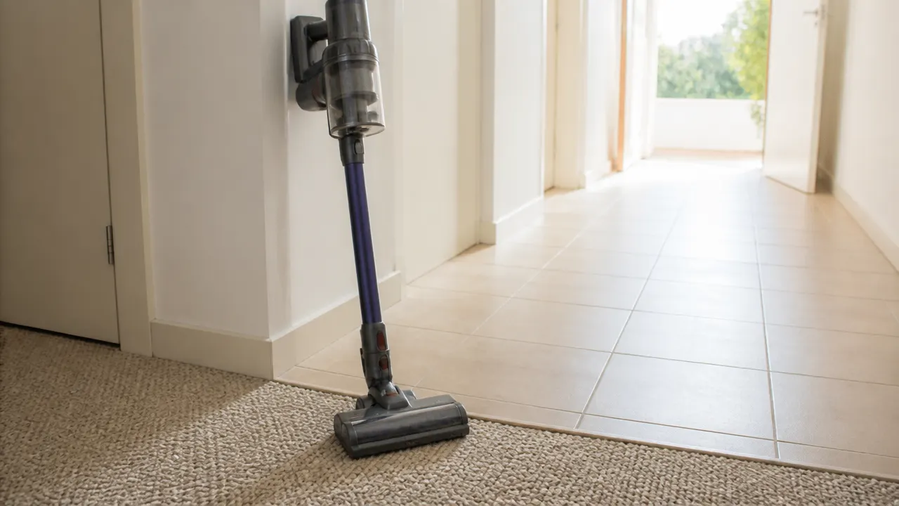 Aspirateur balai sans fil entre un tapis épais et un sol carrelé dans un couloir