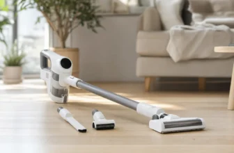 Aspirateur balai sans fil posé sur parquet dans un salon clair avec accessoires
