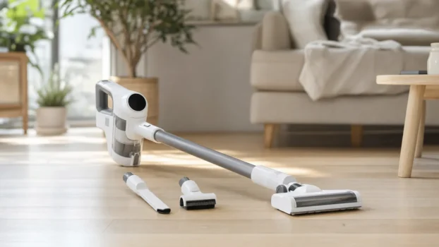 Aspirateur balai sans fil posé sur parquet dans un salon clair avec accessoires