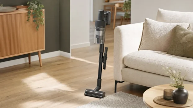 Aspirateur balai sans fil posé dans un salon avec parquet et tapis