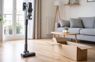 Aspirateur balai sans fil générique posé dans un salon à côté d'un emballage récent