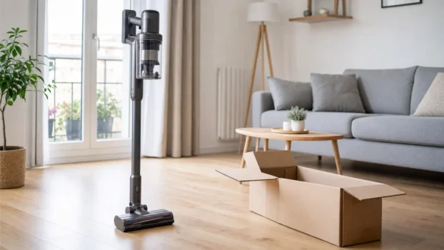 Aspirateur balai sans fil générique posé dans un salon à côté d'un emballage récent