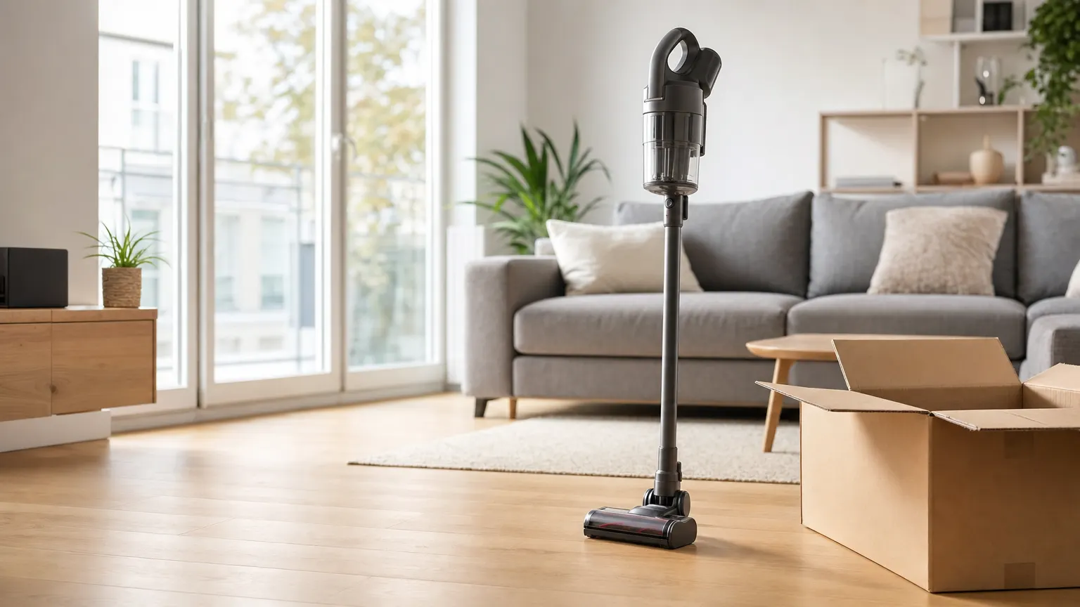 Aspirateur balai sans fil générique posé dans un salon à côté d'un emballage récent