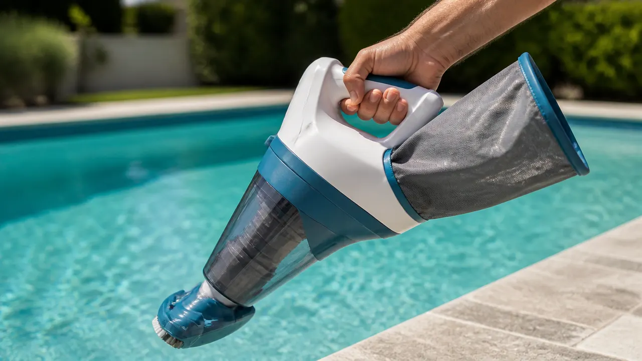 Aspirateur piscine prise en main bord bassin Manipulation d'un aspirateur sans fil au bord d'une piscine extérieure