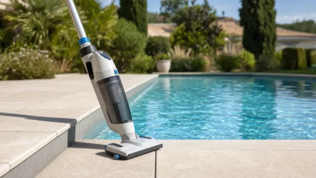 Aspirateur de piscine sans fil posé au bord d'un bassin bleu