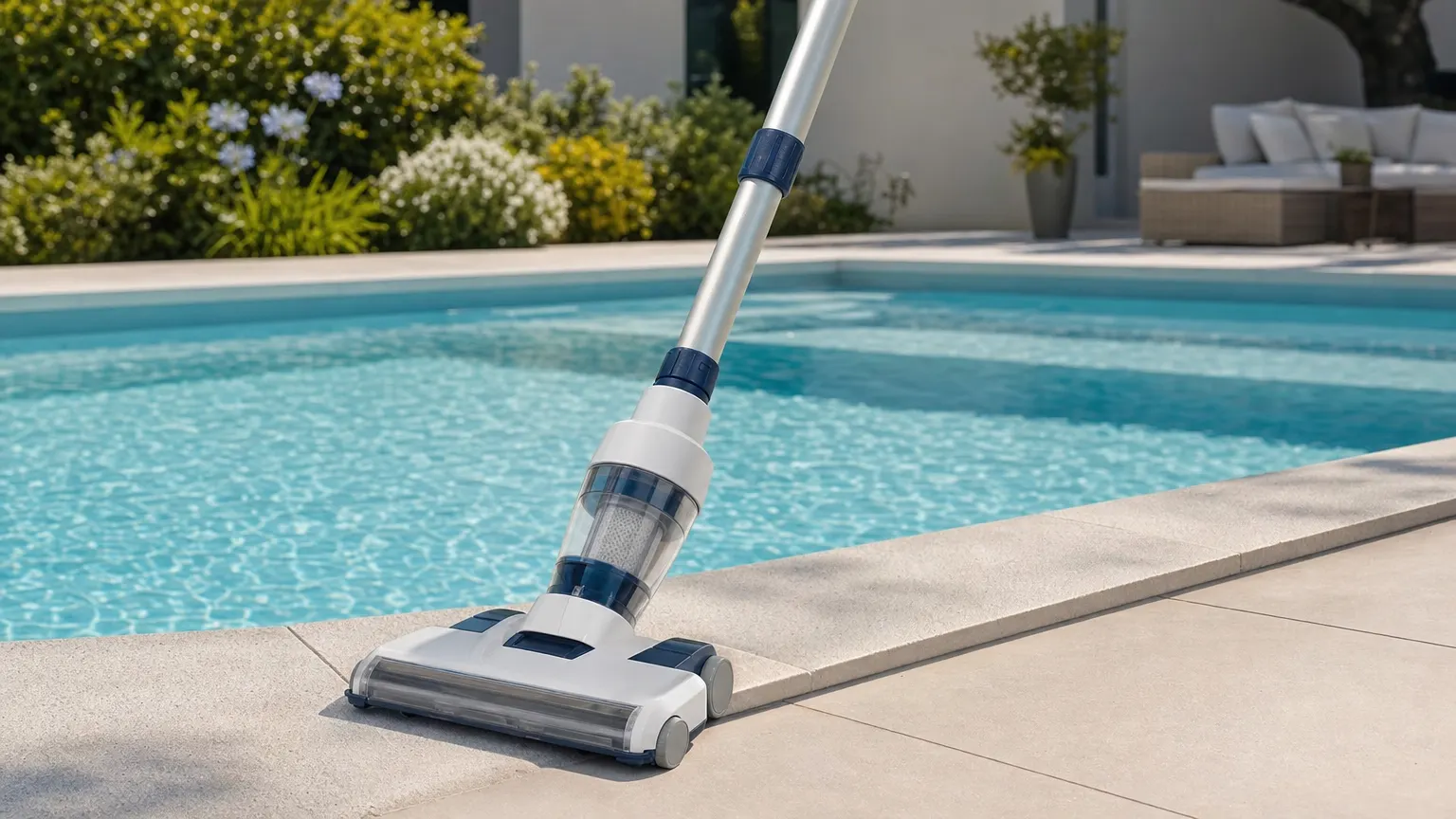 Aspirateur piscine sans fil bord de bassin Aspirateur de piscine sans fil posé au bord d'un bassin bleu