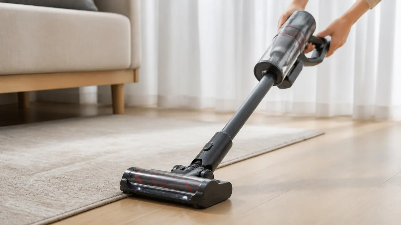 Aspirateur sans fil en utilisation sur parquet Passage d'un aspirateur sans fil sur un sol dur, près d'un tapis