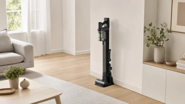 Aspirateur sans fil Lidl rangé sur sa station de charge dans un salon