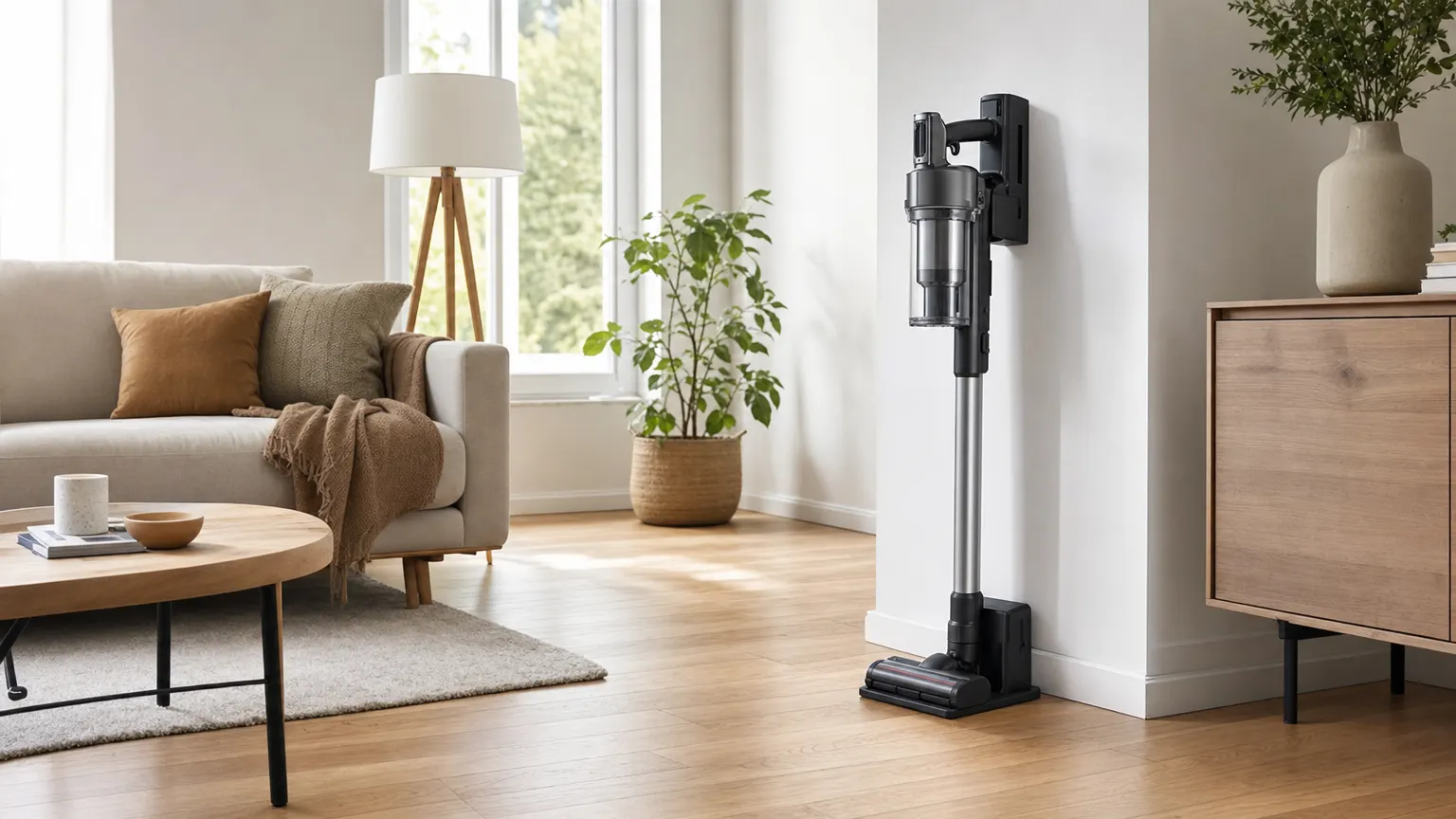 Aspirateur sans fil sur sa station de charge Aspirateur sans fil Lidl rangé sur sa station de charge dans un salon