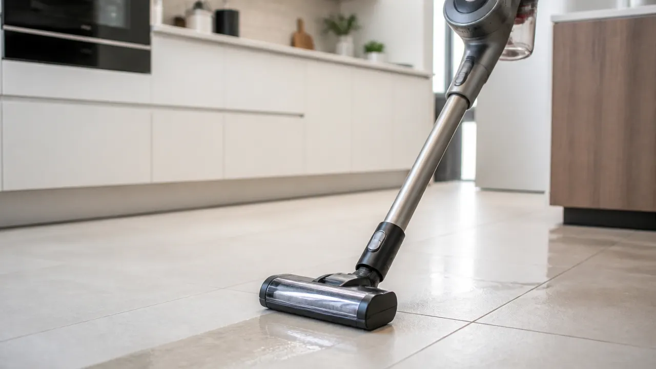 Aspirer et laver les sols durs en un passage Aspirateur sans fil laissant une trace humide sur un sol carrelé
