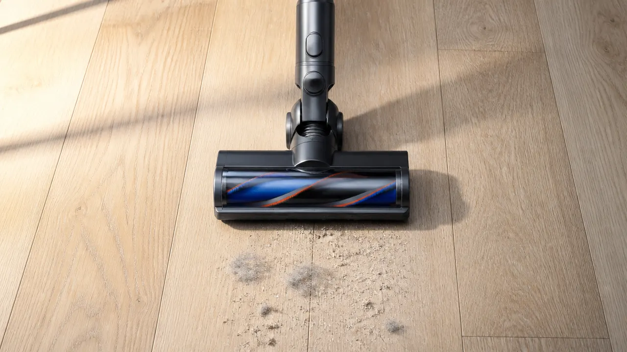 Brosse motorisée d'un aspirateur balai aspirant des fibres sur un parquet