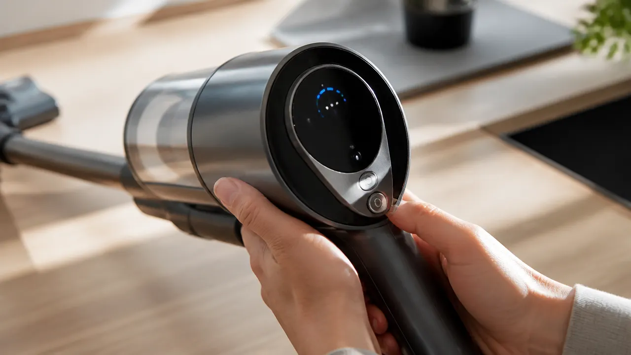 Zone de commande d'un aspirateur balai sans fil tenu au-dessus d'un plan de travail
