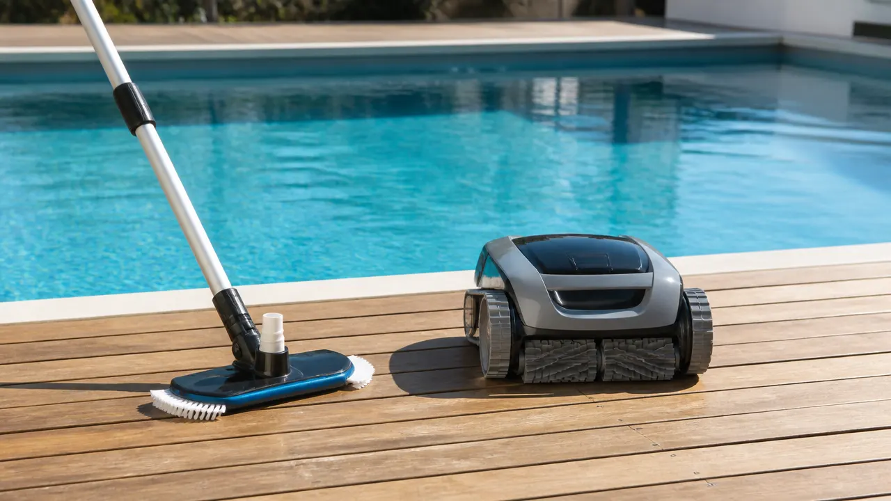 Comparaison aspirateur piscine sans fil et robot autonome Comparaison aspirateur piscine manuel et robot autonome sur une terrasse