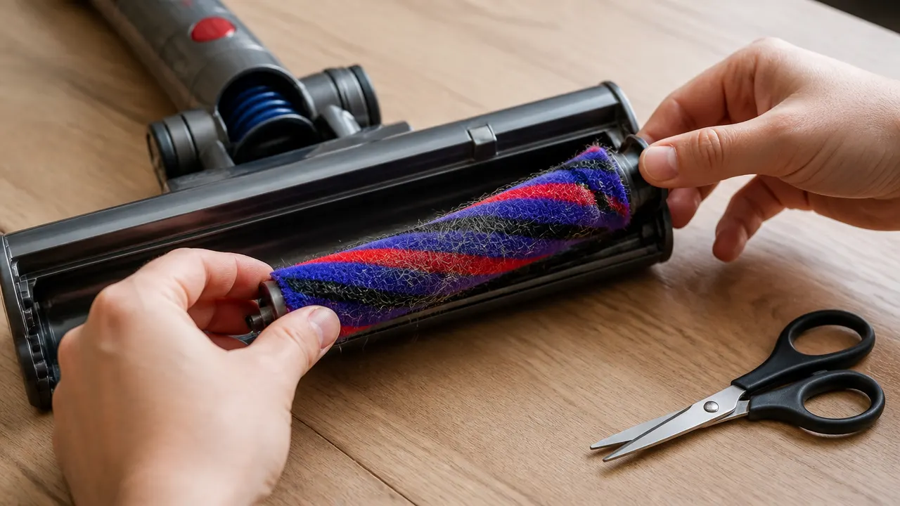 Rouleau de brosse retiré d’un aspirateur balai avec cheveux enroulés