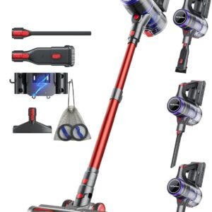 VACTechPro Aspirateur Balai sans Fil 55KPa/600W/70Min, Aspirateur sans Fil | Aspirateur sans Fil avec Réservoir à Poussière de 1.6L, Filtration à 8 Couches, Brosse à Sol Anti-Tangle, Violet et Rouge
