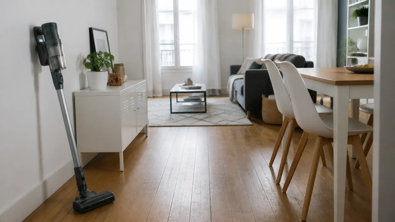 Aspirateur balai dans un petit appartement avec parquet