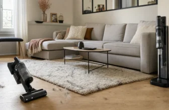 Aspirateurs balais sans fil dans un salon avec parquet et tapis