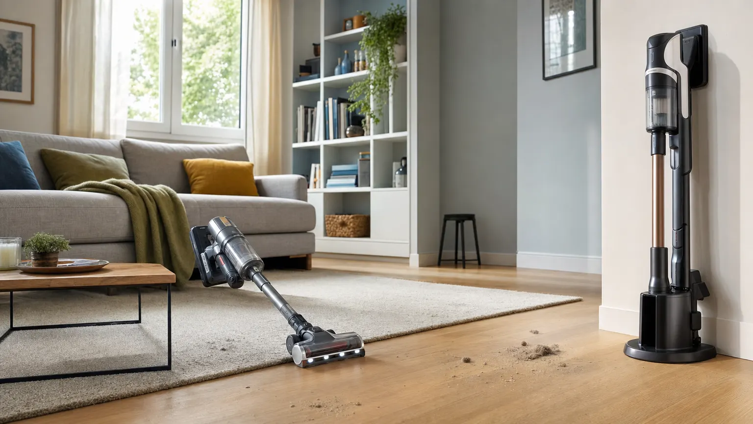 Aspirateurs balais sans fil dans un salon avec parquet et tapis