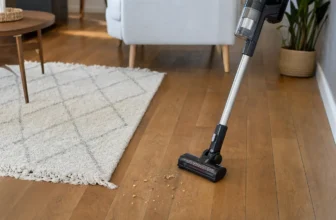 Aspirateur balai sans fil utilisé sur un parquet près d’un tapis