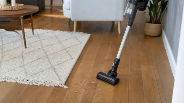 Aspirateur balai sans fil utilisé sur un parquet près d’un tapis