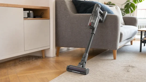 Aspirateur sans fil utilisé sur parquet et tapis dans un salon
