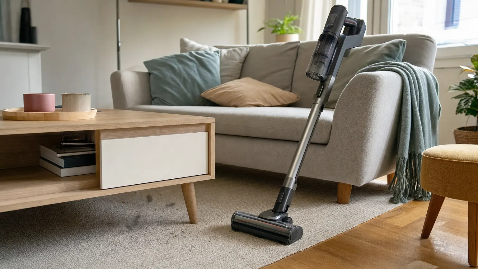 Aspirateur sans fil utilisé sur parquet et tapis dans un salon