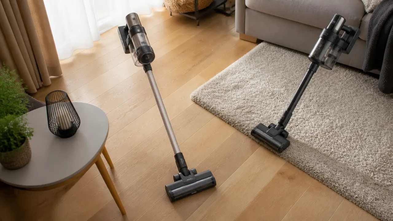Deux aspirateurs-balais génériques placés entre parquet et tapis pour comparer les usages