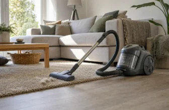 Aspirateur traîneau sans logo près d’un tapis portant des poils d’animaux