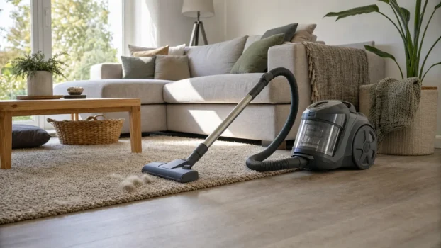 Aspirateur traîneau sans logo près d’un tapis portant des poils d’animaux