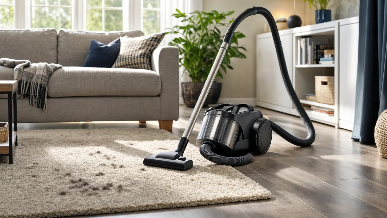 Aspirateur traîneau sans logo près d’un tapis portant des poils d’animaux