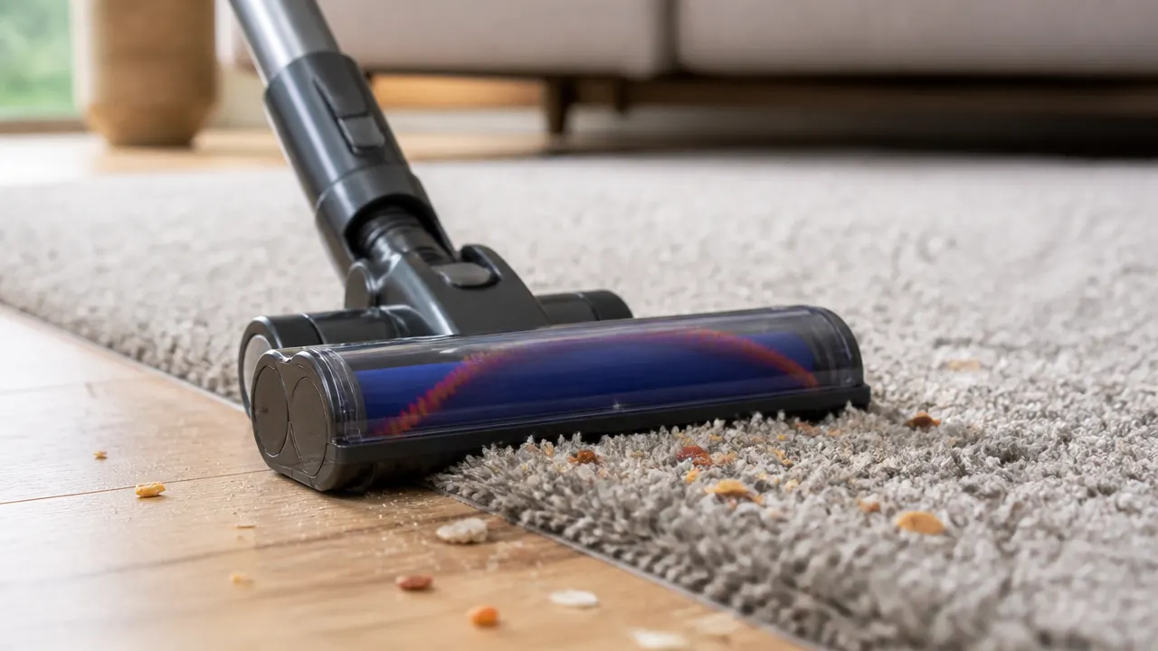 Tête motorisée d’un aspirateur-balai passant du parquet à un tapis