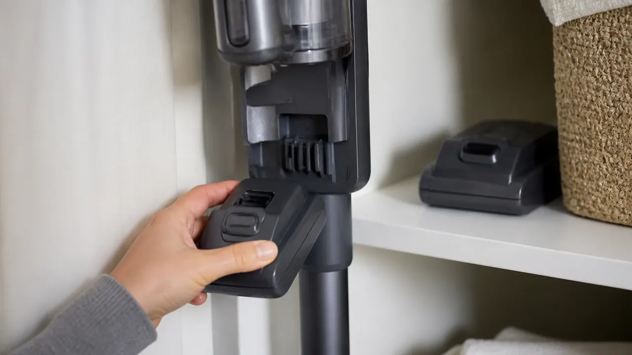 Main retirant la batterie amovible d’un aspirateur-balai sans fil