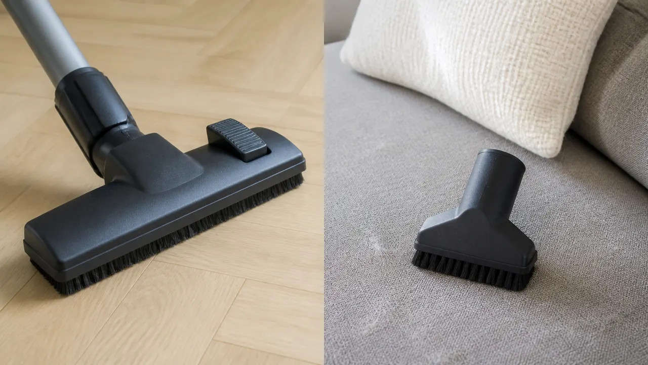 Deux brosses génériques placées près d’un parquet et d’un canapé
