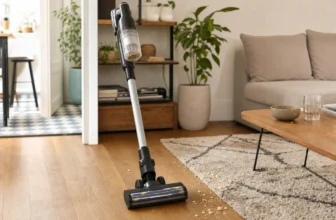 Aspirateur Black et Decker sans fil représenté par un balai générique dans un salon avec sol dur et tapis