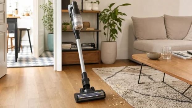 Aspirateur Black et Decker sans fil représenté par un balai générique dans un salon avec sol dur et tapis