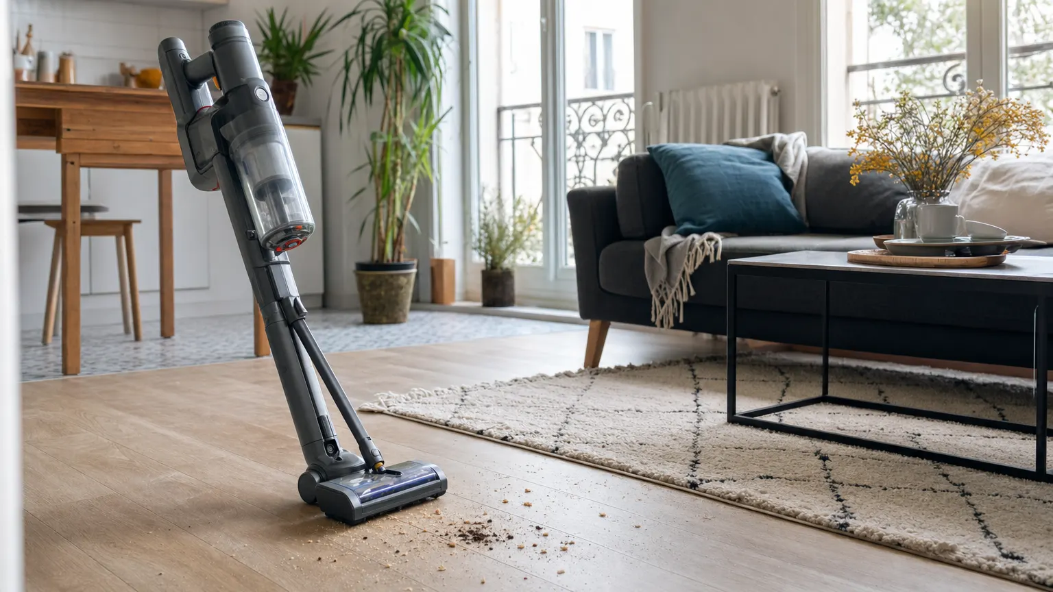 Aspirateur Black et Decker sans fil représenté par un balai générique dans un salon avec sol dur et tapis
