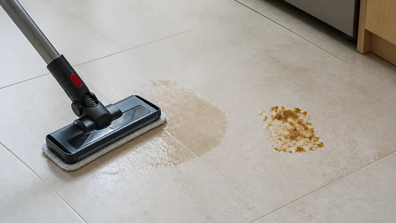Serpillière d'appoint sous un aspirateur balai sur carrelage