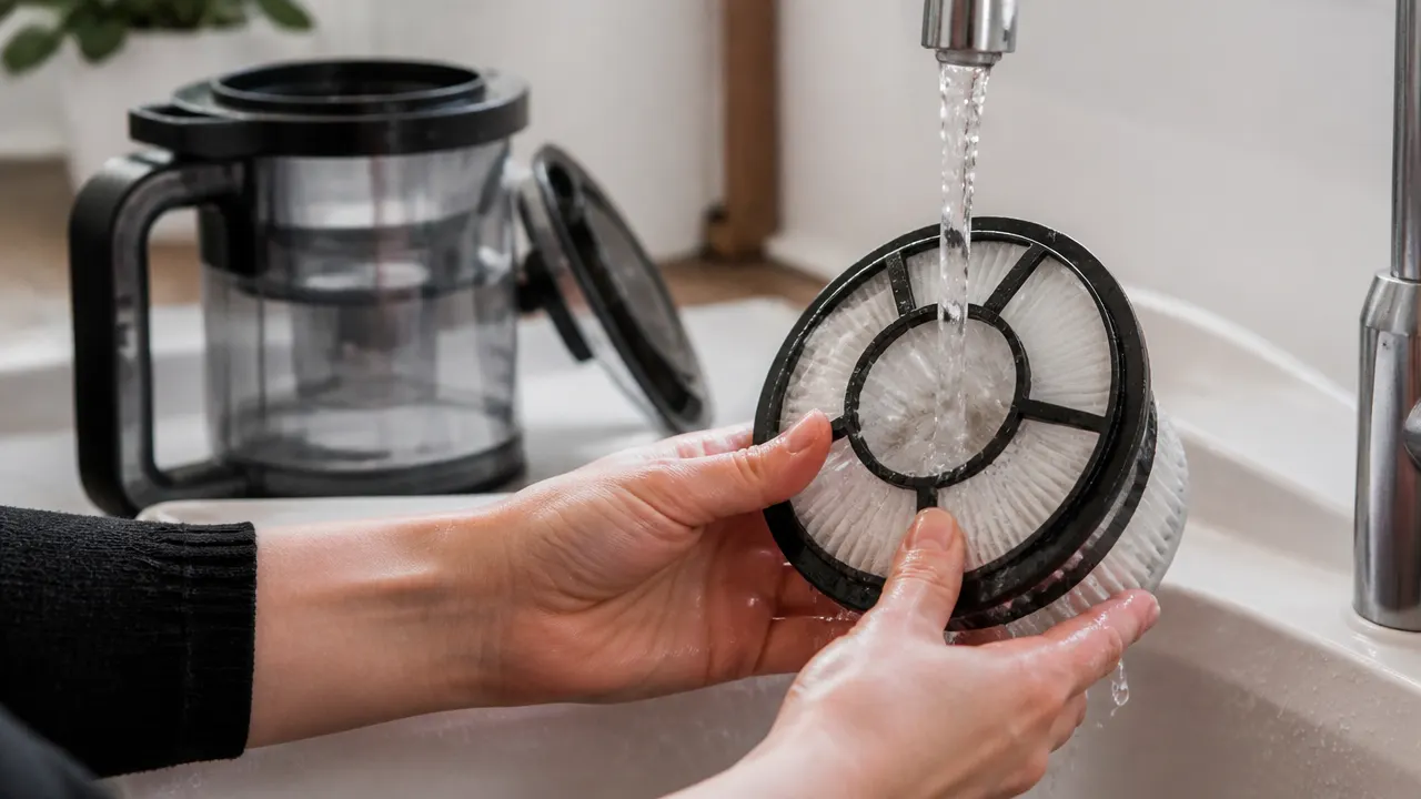 Deux mains rinçant un filtre lavable d’aspirateur au-dessus d’un évier