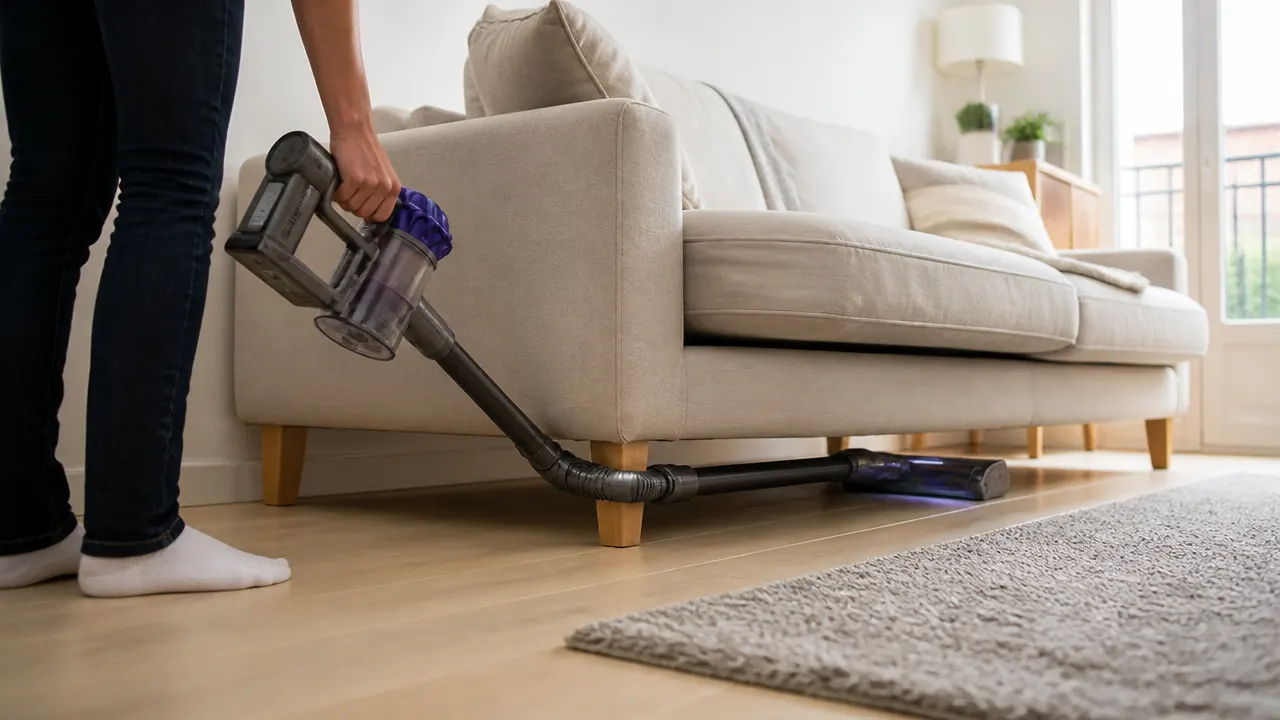 Aspirateur balai à tube articulé passant sous un canapé