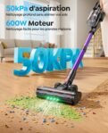 Aspirateur balai sans fil 600W, 50 kPa, nettoyant des miettes sur parquet avec LED.