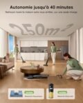 Aspirateur laveur sans fil en action dans un salon, autonomie 40 min, 250 m², réservoirs 800 ml propre et 450 ml eau sale
