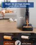 Tineco: séchage de rouleau FlashDry 5 min ou SilentDry 40 min, ≤45 dBA, silencieux près d’un enfant.